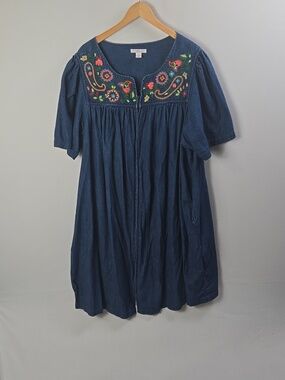 Go Softly Embroidered Denim Short Sleeve Zip-Front Patio Dress Sz 2X Farmhouse